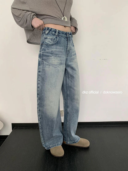 DKZ OFFICIAL Vintage Blue Washed Wide Leg Curved Hem Jeans