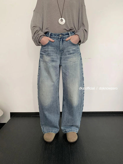 DKZ OFFICIAL Vintage Blue Washed Wide Leg Curved Hem Jeans