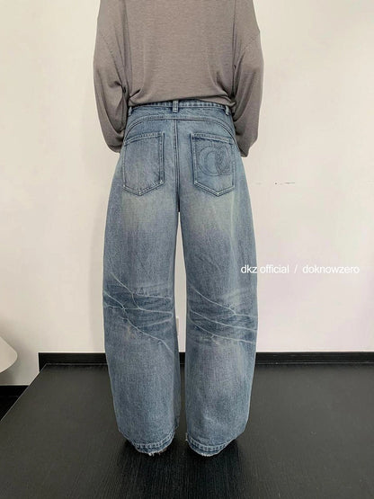 DKZ OFFICIAL Vintage Blue Washed Wide Leg Curved Hem Jeans