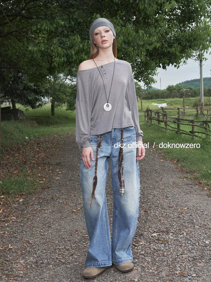 DKZ OFFICIAL Vintage Blue Washed Wide Leg Curved Hem Jeans