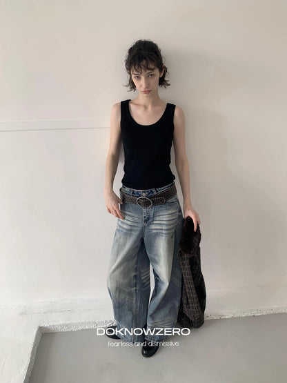 DKZ OFFICIAL Vintage Blue Washed Wide Leg Denim Pants