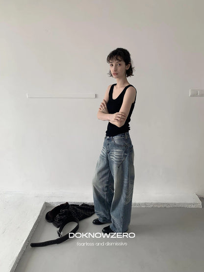 DKZ OFFICIAL Vintage Blue Washed Wide Leg Denim Pants