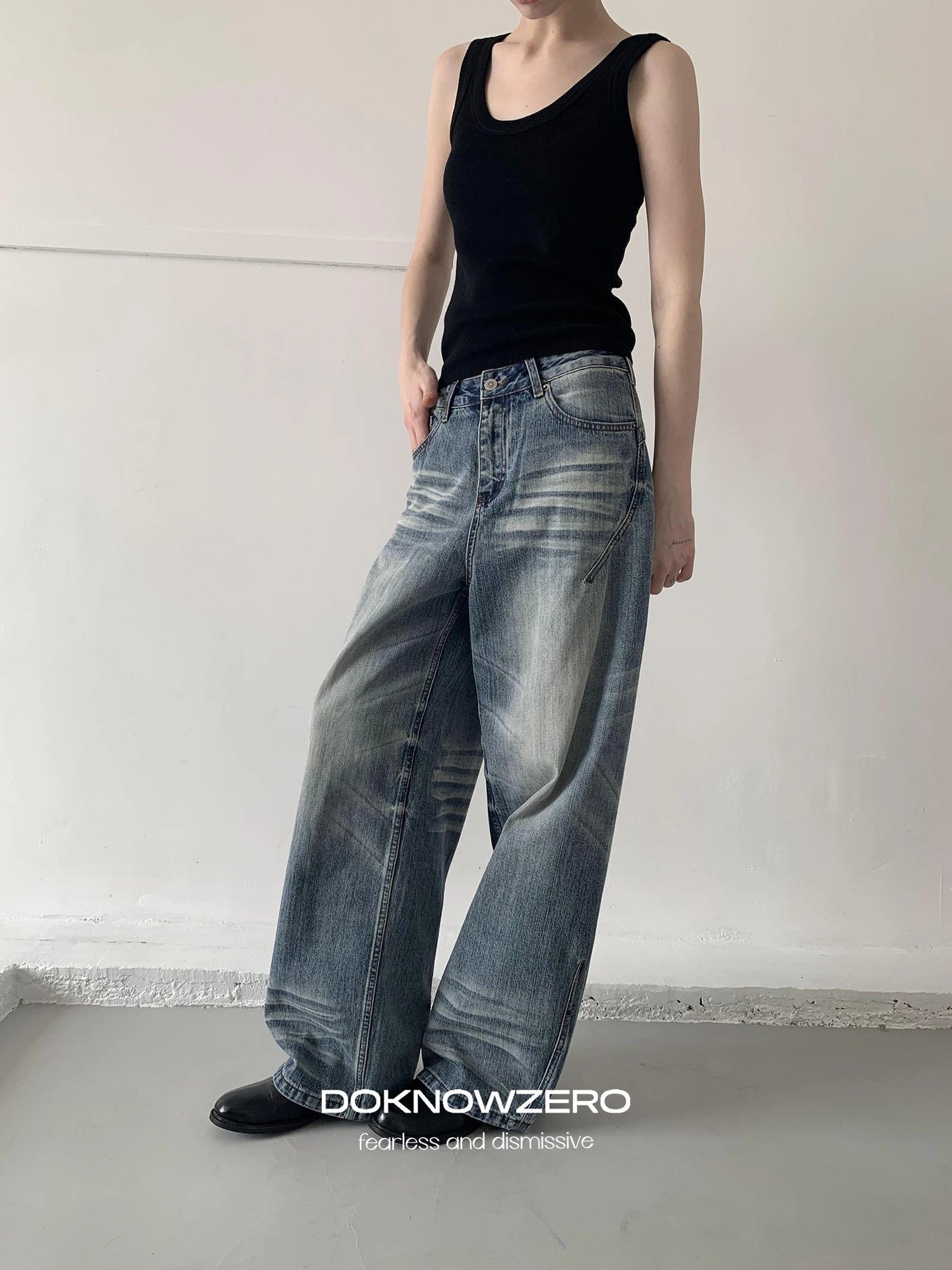 DKZ OFFICIAL Vintage Blue Washed Wide Leg Denim Pants
