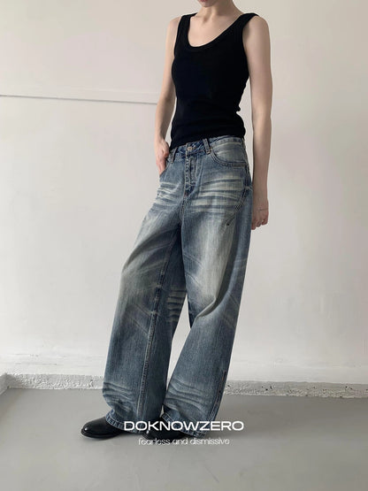 DKZ OFFICIAL Vintage Blue Washed Wide Leg Denim Pants