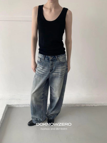 DKZ OFFICIAL Vintage Blue Washed Wide Leg Denim Pants