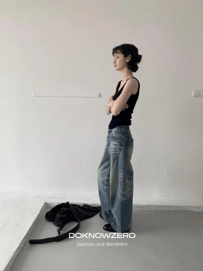 DKZ OFFICIAL Vintage Blue Washed Wide Leg Denim Pants