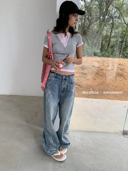 DKZ OFFICIAL Vintage Blue Wide Leg Denim Pants With Artisan Print