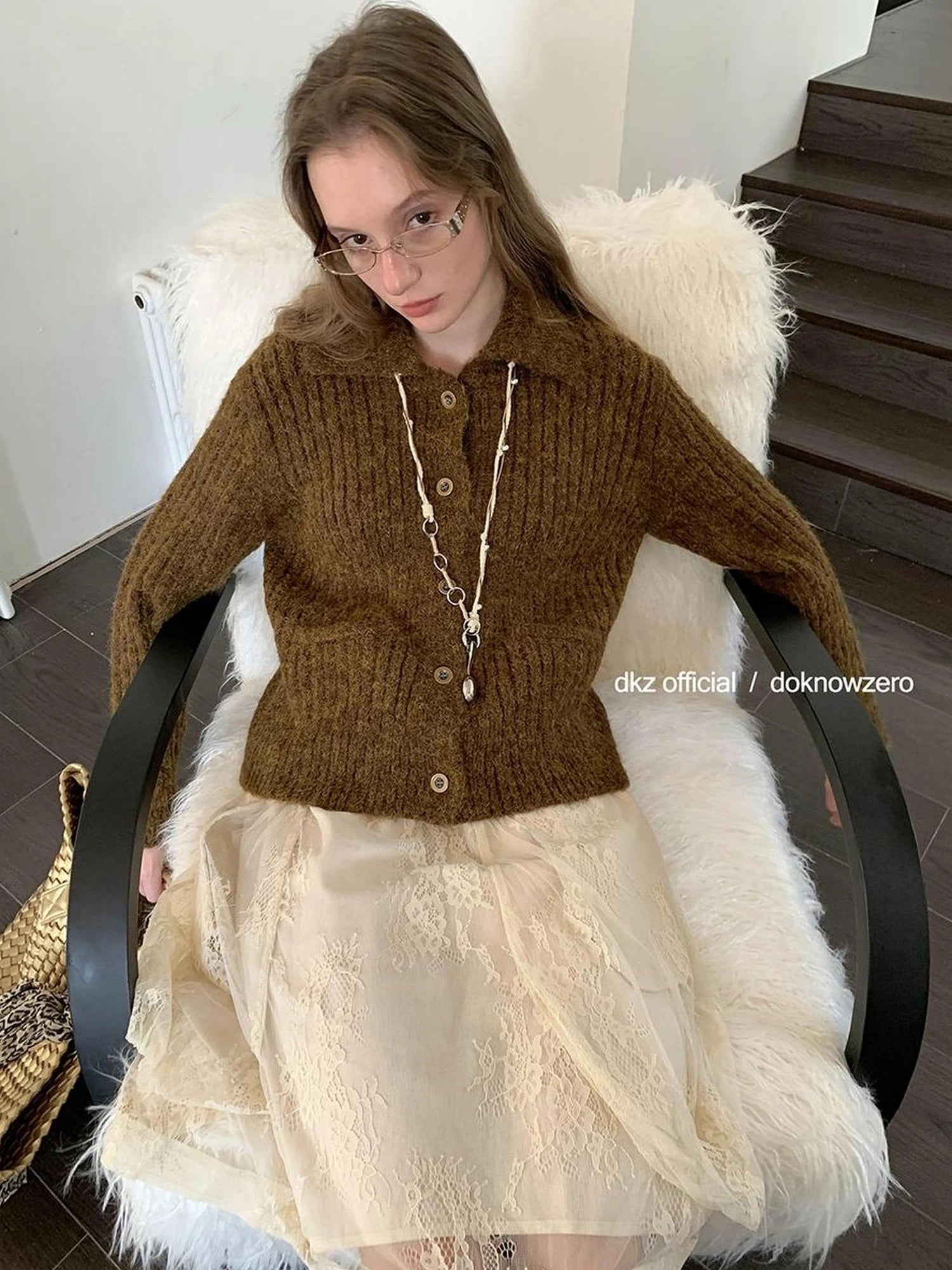 DKZ OFFICIAL Vintage Brown Knit Cardigan For Women Fall Retro Collar Casual Long Sleeve Top