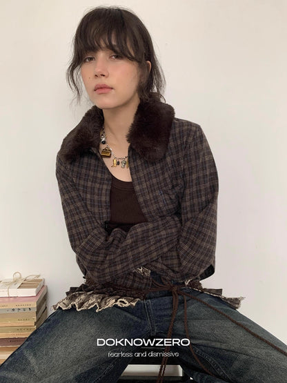 DKZ_OFFICIAL_Vintage_Brown_Plaid_Shirt_With_Detachable_Faux_Fur_Collar_MISSTT