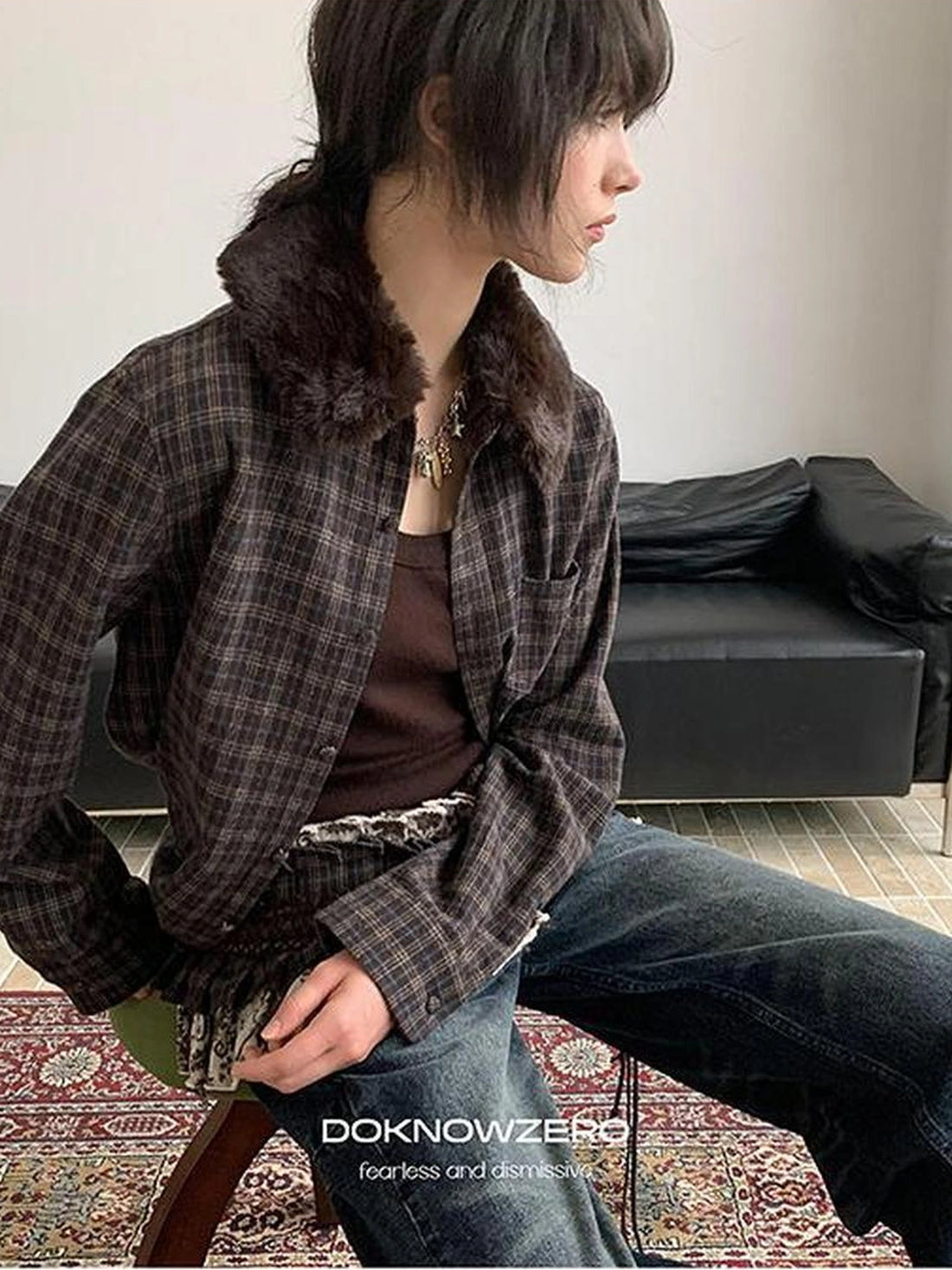 DKZ OFFICIAL Vintage Brown Plaid Shirt With Detachable Faux Fur Collar