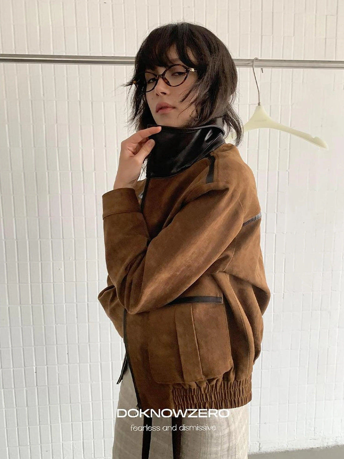 DKZ OFFICIAL Vintage Caramel Suede Patchwork Biker Jacket