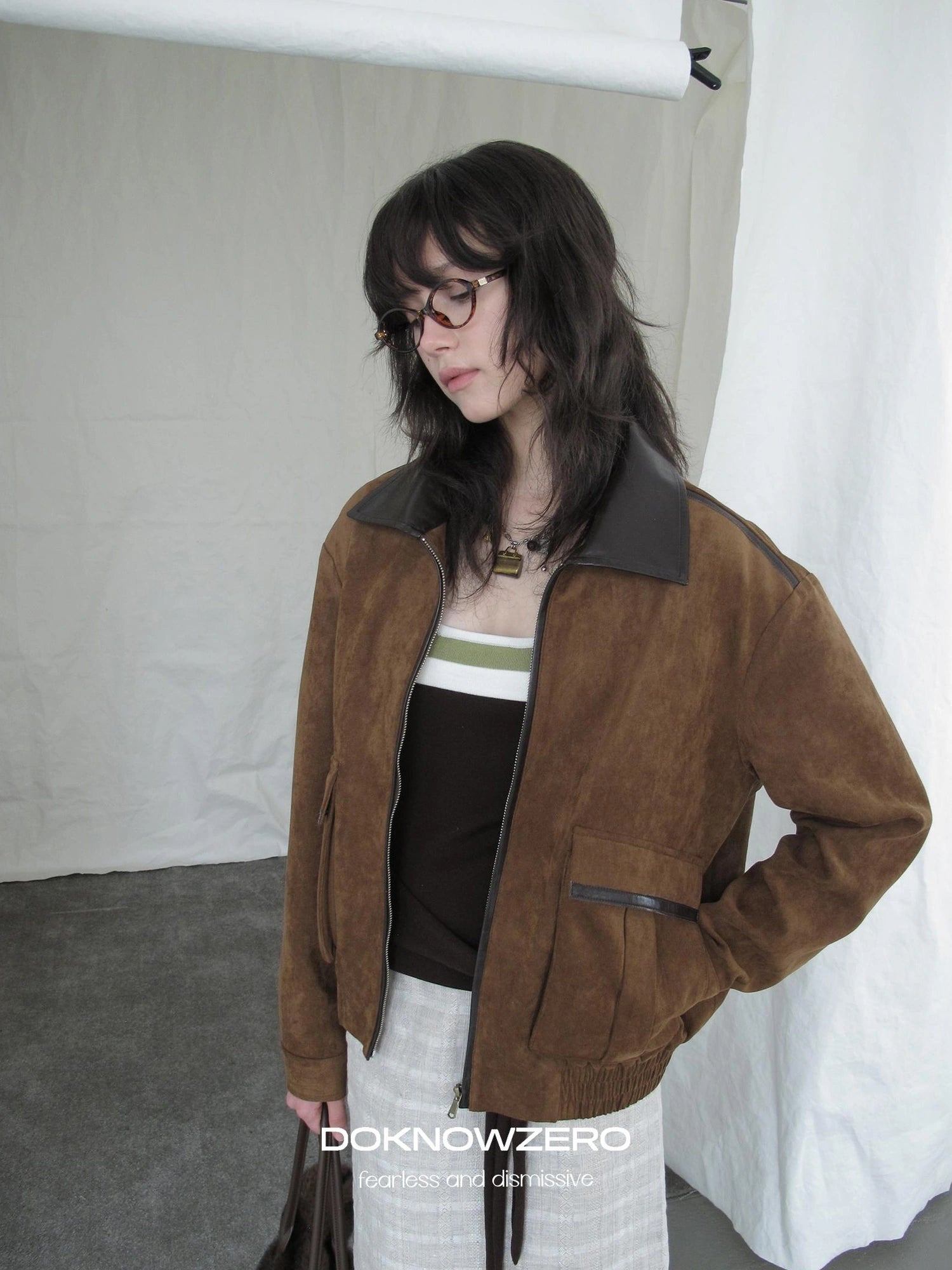 DKZ OFFICIAL Vintage Caramel Suede Patchwork Biker Jacket