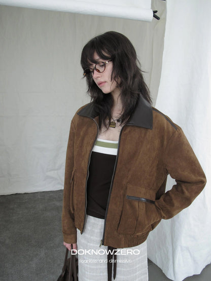 DKZ OFFICIAL Vintage Caramel Suede Patchwork Biker Jacket