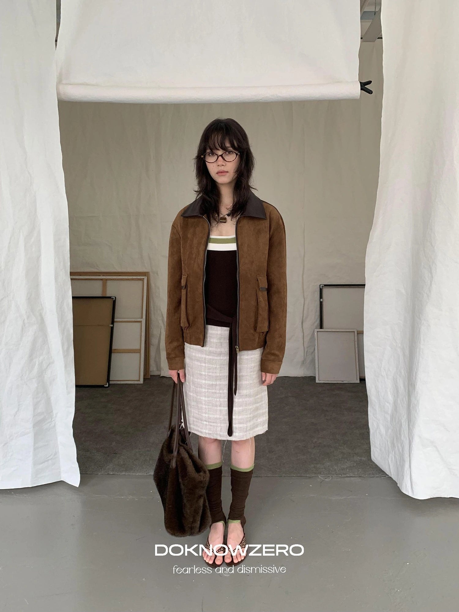 DKZ OFFICIAL Vintage Caramel Suede Patchwork Biker Jacket