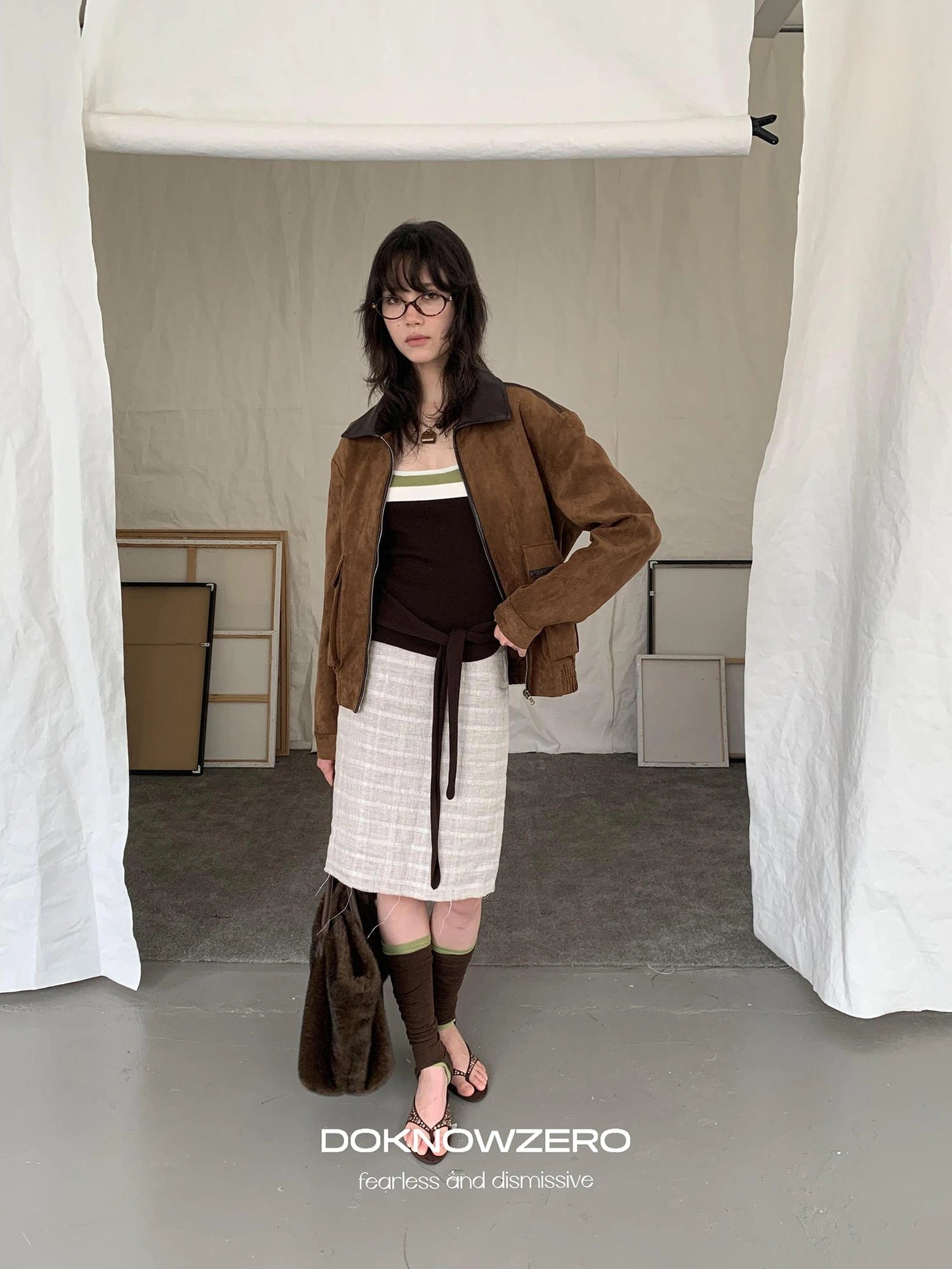 DKZ OFFICIAL Vintage Caramel Suede Patchwork Biker Jacket