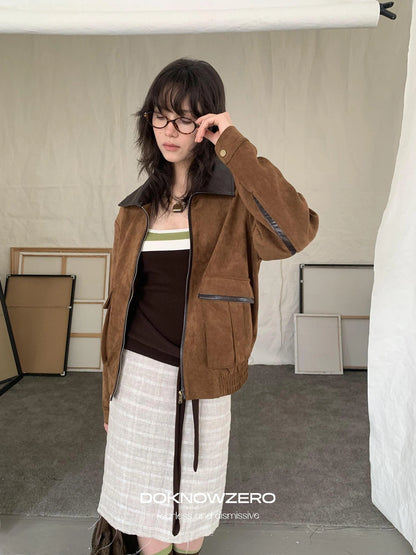 DKZ OFFICIAL Vintage Caramel Suede Patchwork Biker Jacket