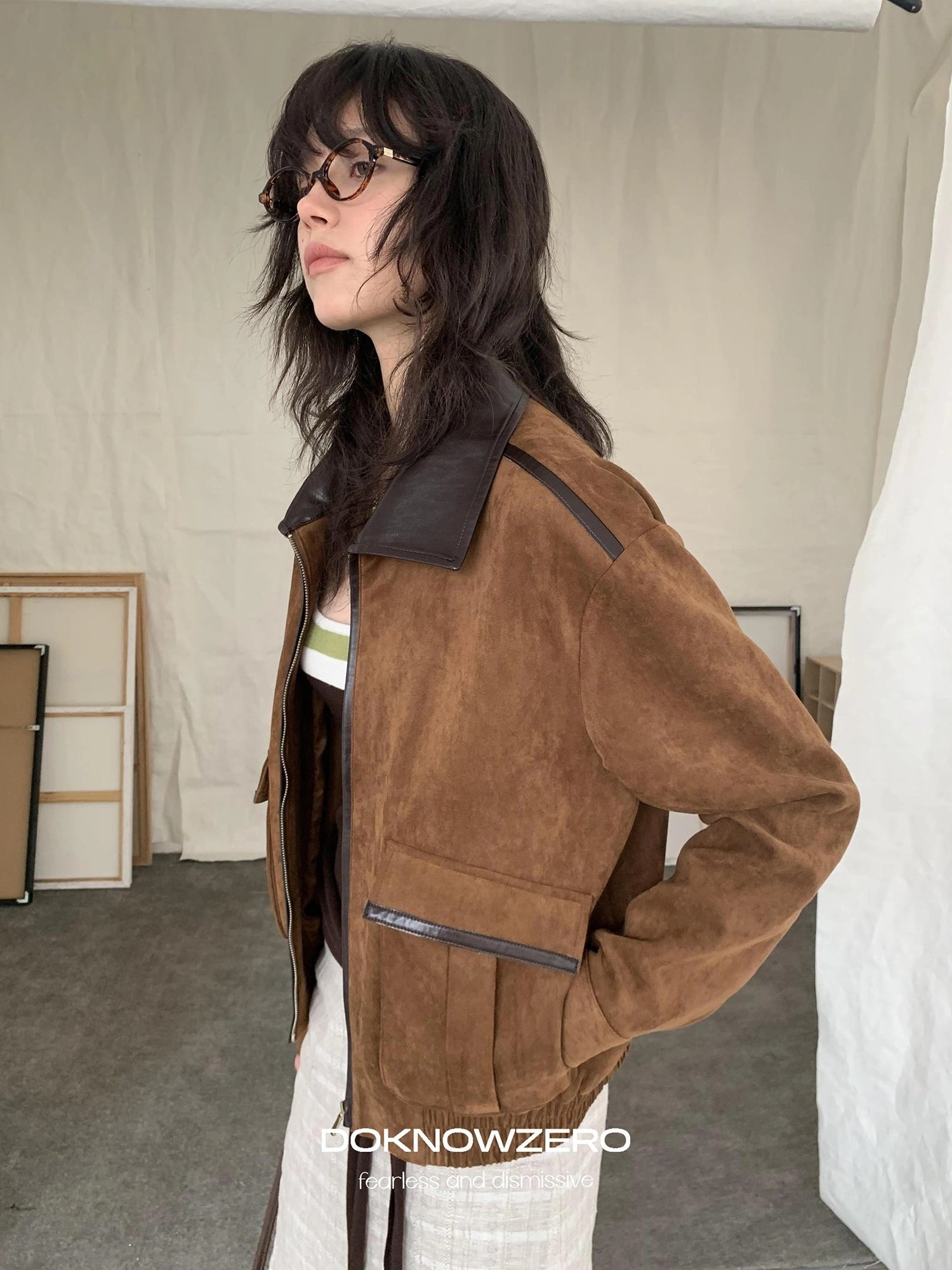DKZ OFFICIAL Vintage Caramel Suede Patchwork Biker Jacket