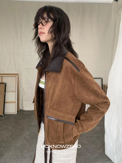 DKZ OFFICIAL Vintage Caramel Suede Patchwork Biker Jacket