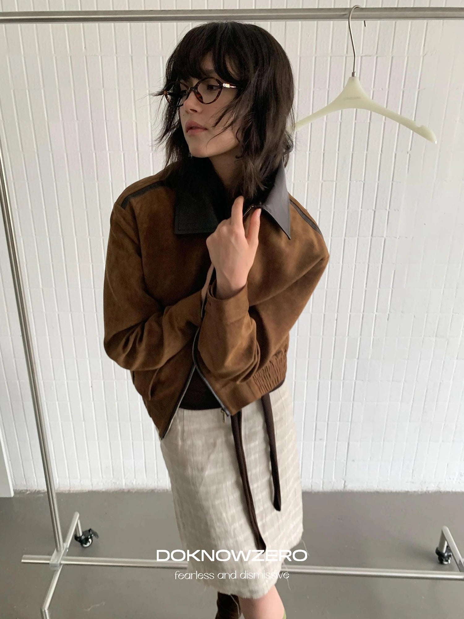 DKZ OFFICIAL Vintage Caramel Suede Patchwork Biker Jacket