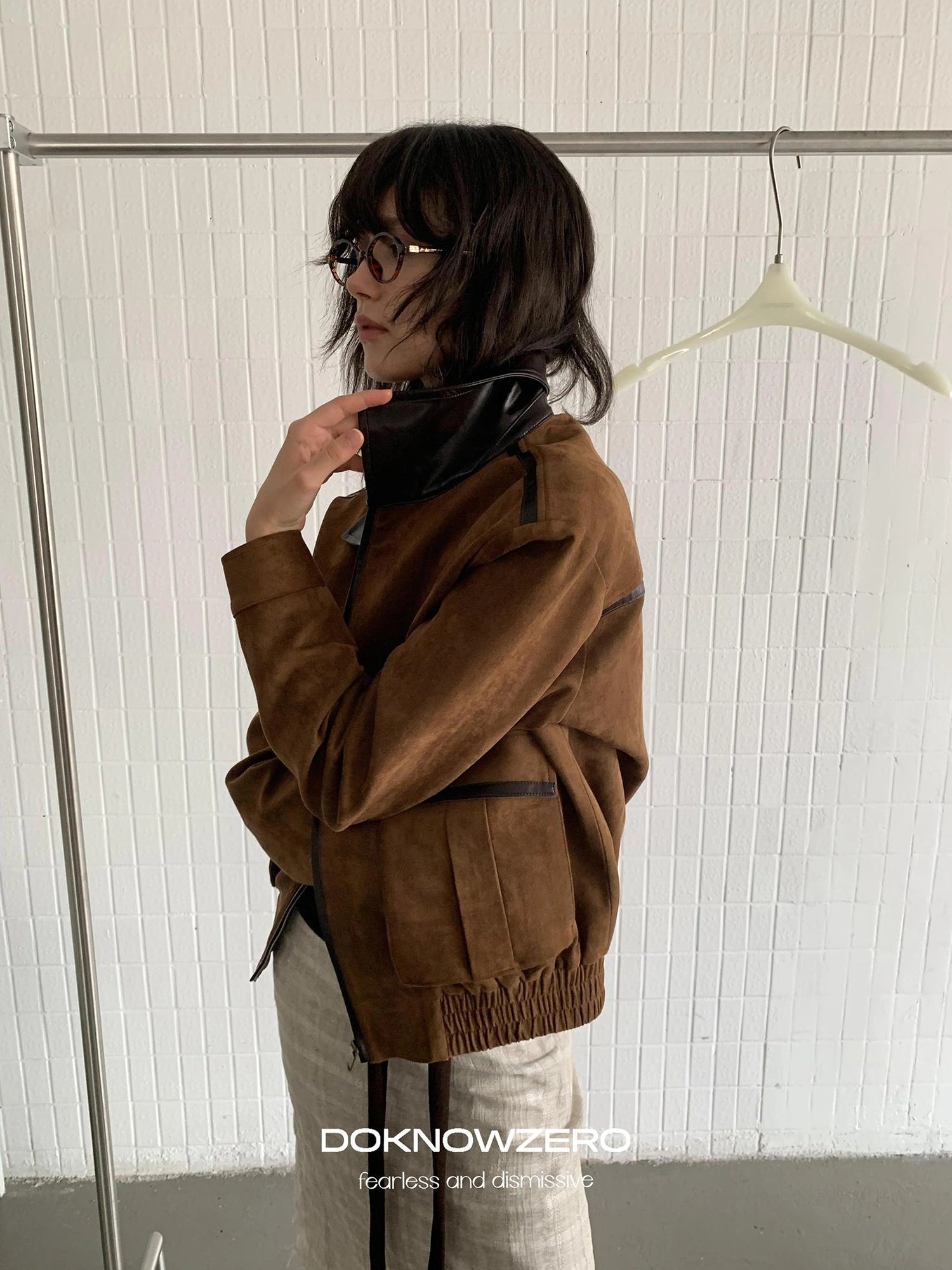 DKZ OFFICIAL Vintage Caramel Suede Patchwork Biker Jacket