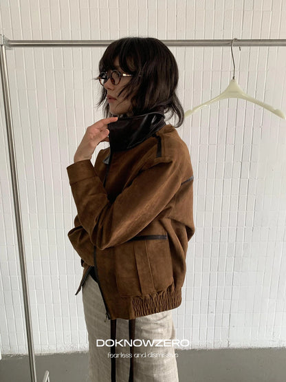 DKZ OFFICIAL Vintage Caramel Suede Patchwork Biker Jacket