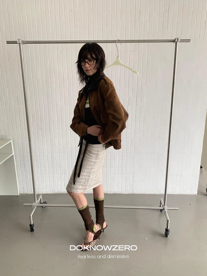 DKZ OFFICIAL Vintage Caramel Suede Patchwork Biker Jacket