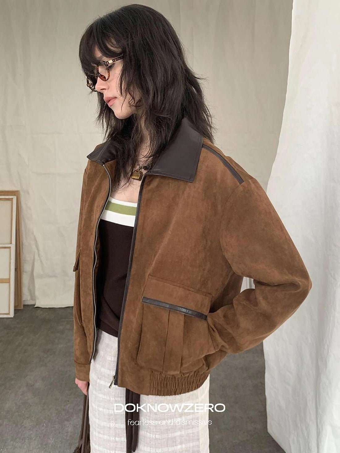 DKZ OFFICIAL Vintage Caramel Suede Patchwork Biker Jacket