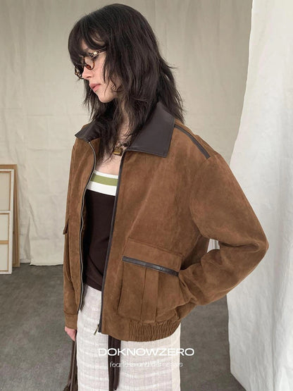 DKZ OFFICIAL Vintage Caramel Suede Patchwork Biker Jacket