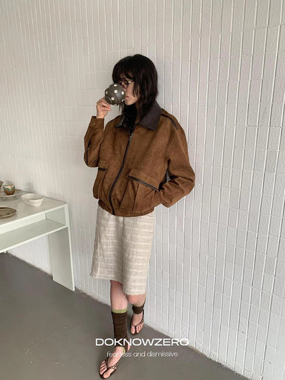 DKZ OFFICIAL Vintage Caramel Suede Patchwork Biker Jacket