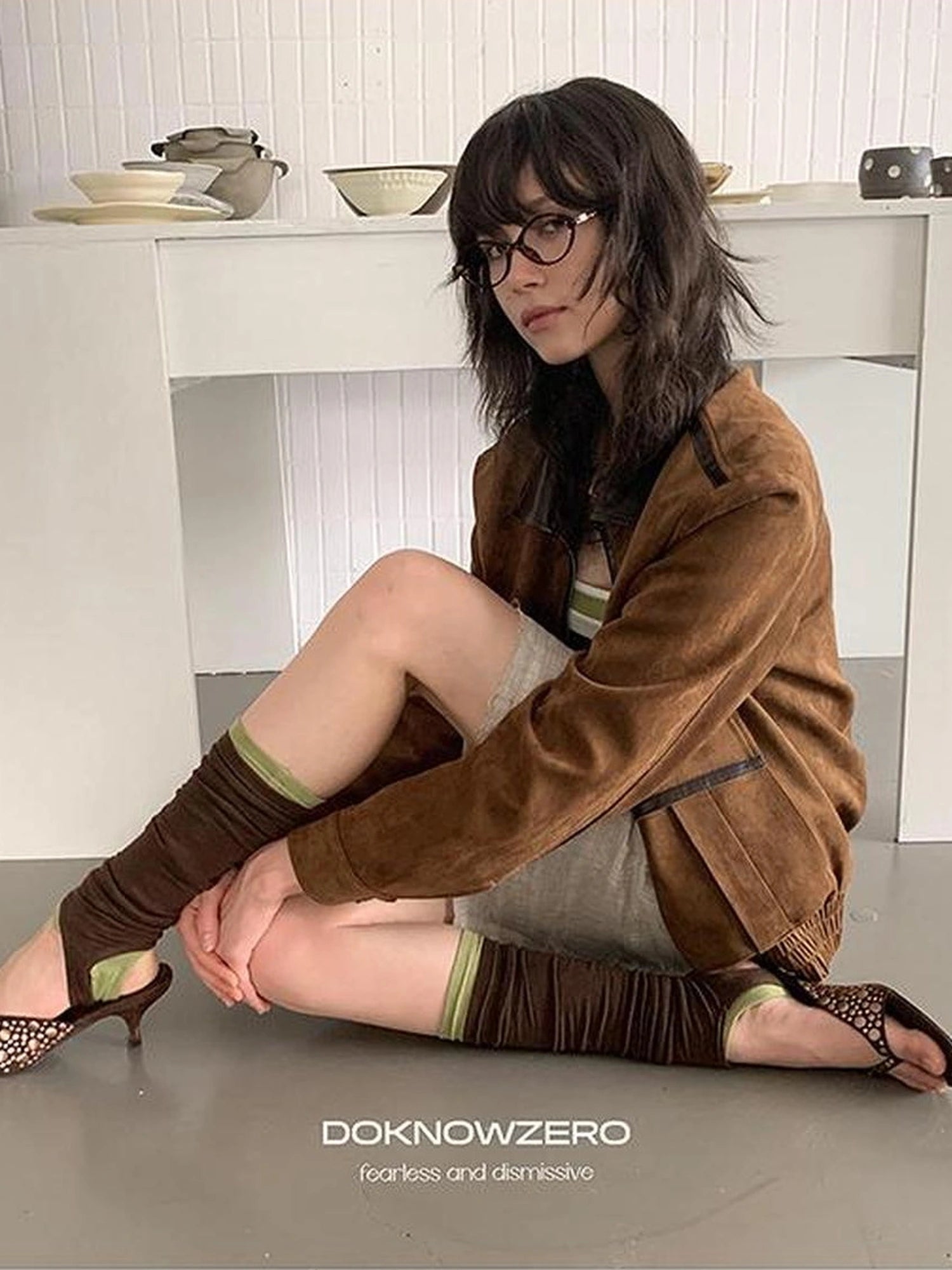DKZ OFFICIAL Vintage Caramel Suede Patchwork Biker Jacket
