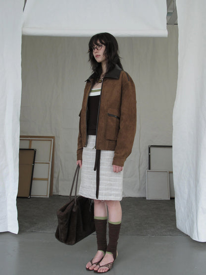 DKZ OFFICIAL Vintage Caramel Suede Patchwork Biker Jacket