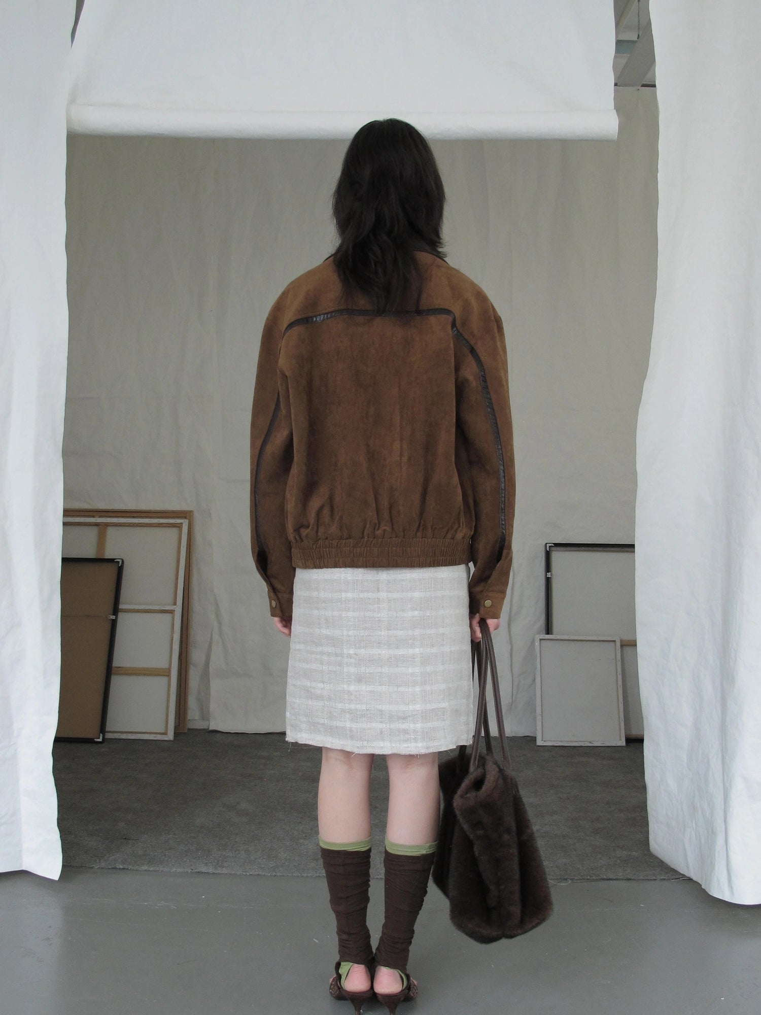 DKZ OFFICIAL Vintage Caramel Suede Patchwork Biker Jacket
