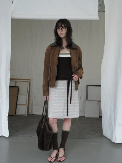 DKZ OFFICIAL Vintage Caramel Suede Patchwork Biker Jacket