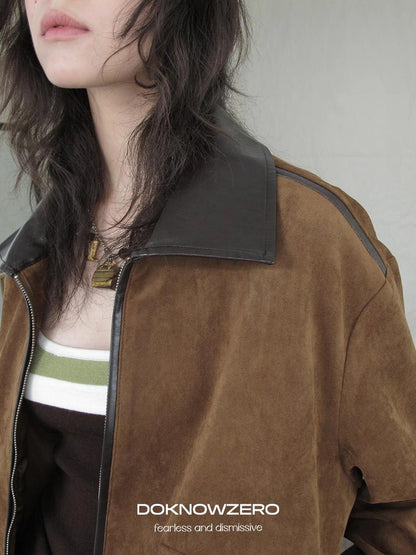 DKZ OFFICIAL Vintage Caramel Suede Patchwork Biker Jacket