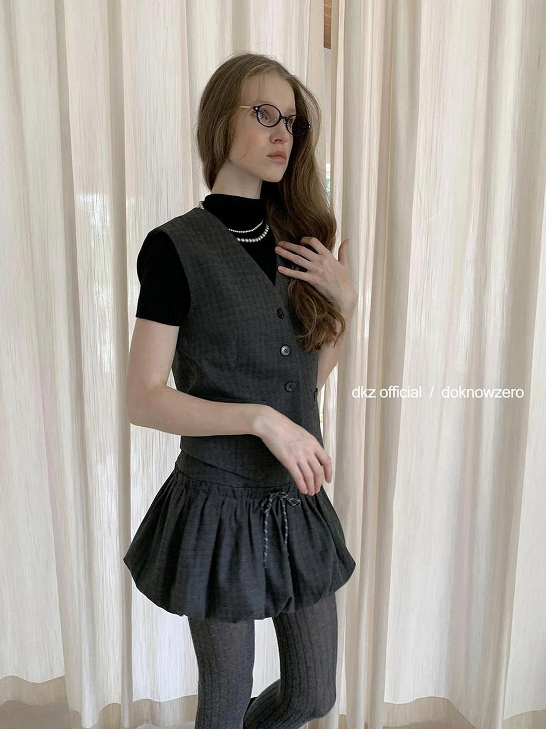 DKZ OFFICIAL Vintage Checkered Slim Vest Flared Skirt Set