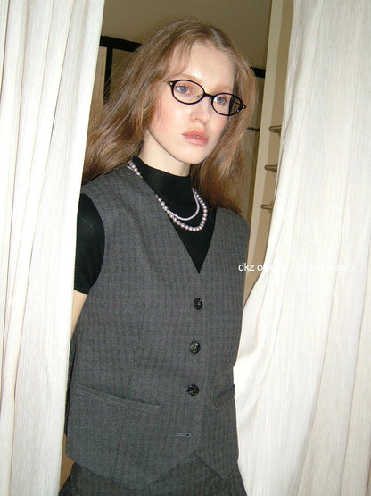 DKZ OFFICIAL Vintage Checkered Slim Vest Flared Skirt Set