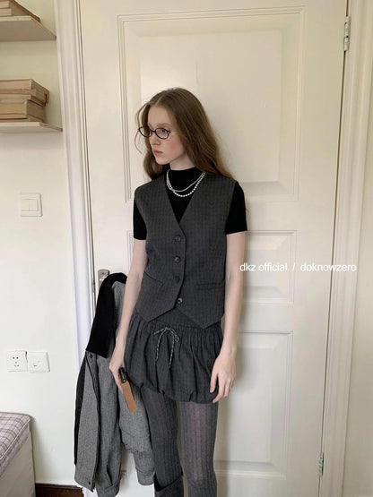DKZ OFFICIAL Vintage Checkered Slim Vest Flared Skirt Set