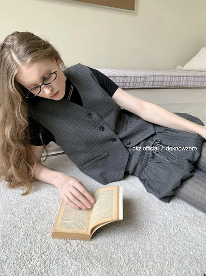 DKZ OFFICIAL Vintage Checkered Slim Vest Flared Skirt Set