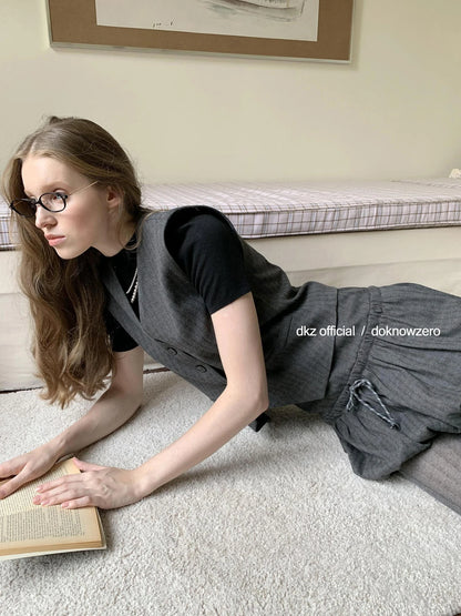 DKZ OFFICIAL Vintage Checkered Slim Vest Flared Skirt Set