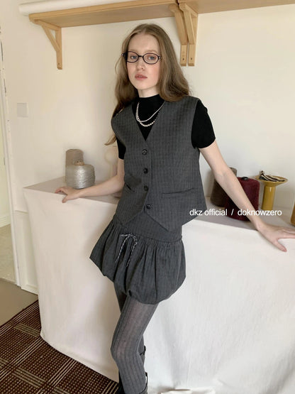 DKZ OFFICIAL Vintage Checkered Slim Vest Flared Skirt Set
