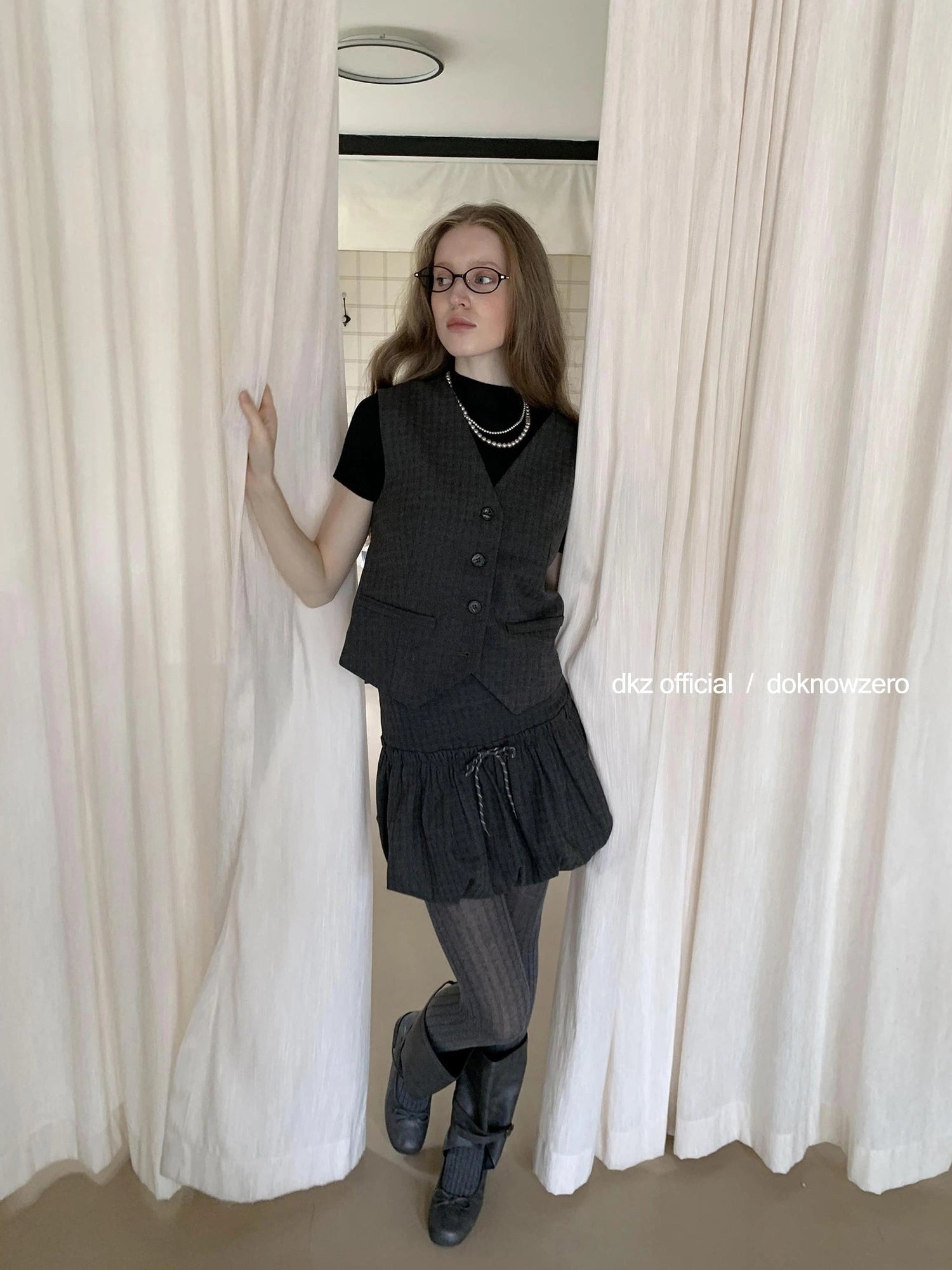 DKZ OFFICIAL Vintage Checkered Slim Vest Flared Skirt Set