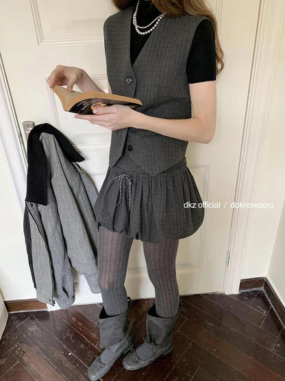 DKZ OFFICIAL Vintage Checkered Slim Vest Flared Skirt Set