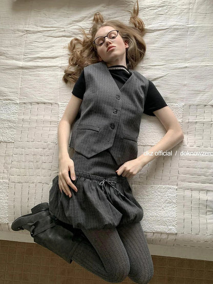 DKZ OFFICIAL Vintage Checkered Slim Vest Flared Skirt Set