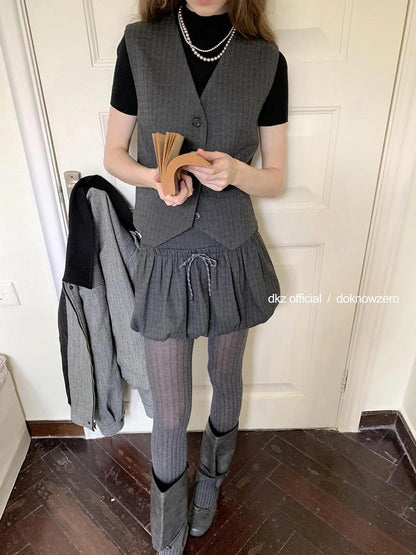 DKZ OFFICIAL Vintage Checkered Slim Vest Flared Skirt Set