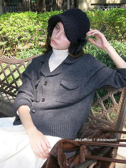 DKZ OFFICIAL Vintage Collar Knitted Cardigan
