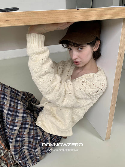 DKZ OFFICIAL Vintage Crochet Knit Cardigan In Apricot
