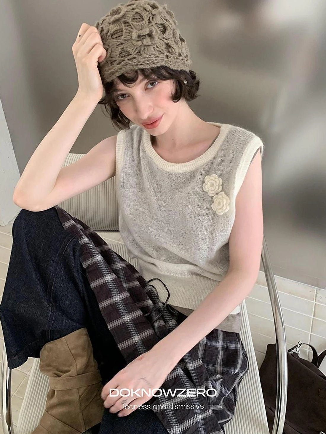 DKZ OFFICIAL Vintage Crochet Knit Vest For Women