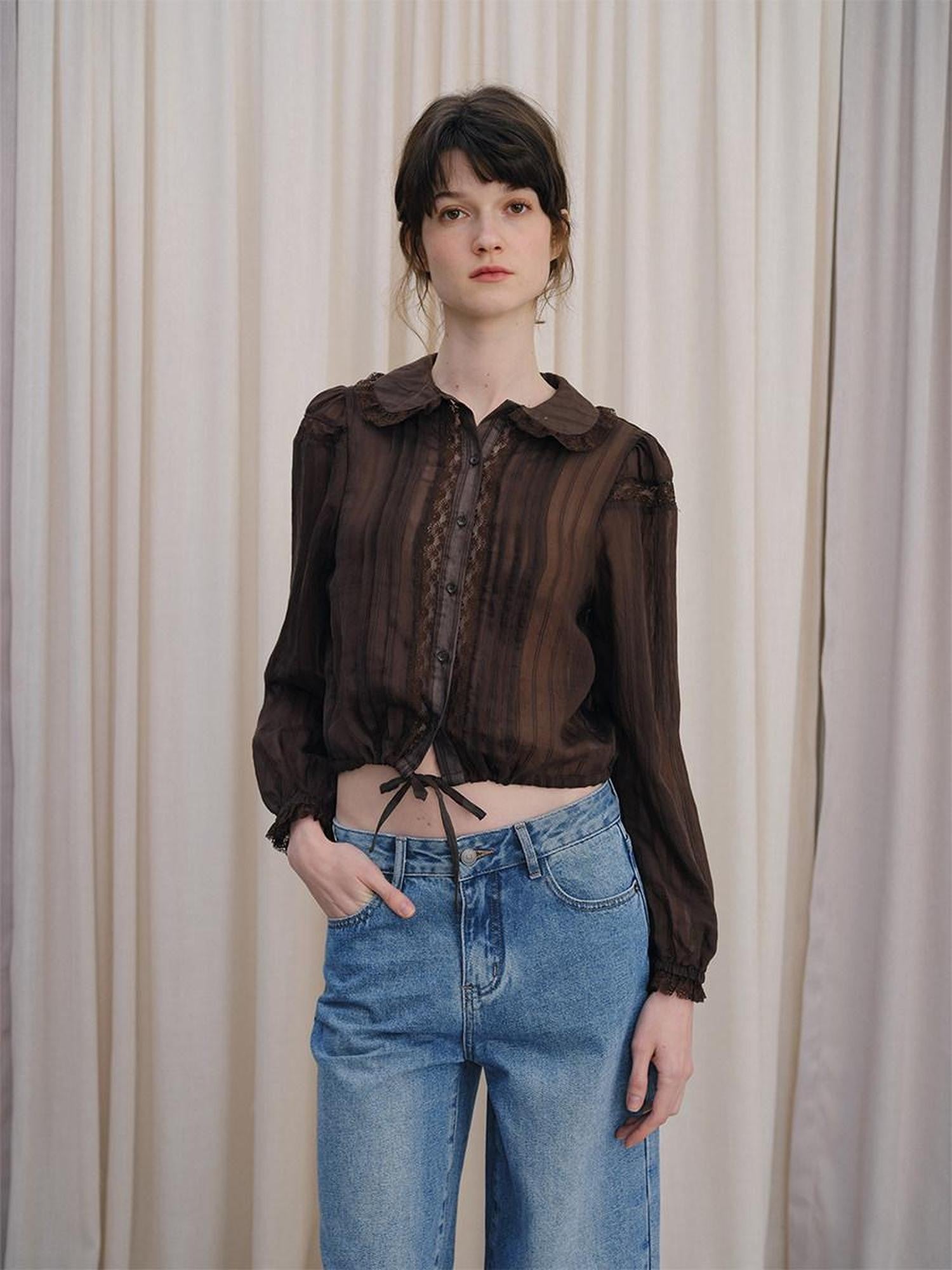 DKZ OFFICIAL Vintage Doll Collar Lace Splice Long Sleeve Women&