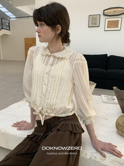 DKZ OFFICIAL Vintage Doll Collar Lace Splice Long Sleeve Women&