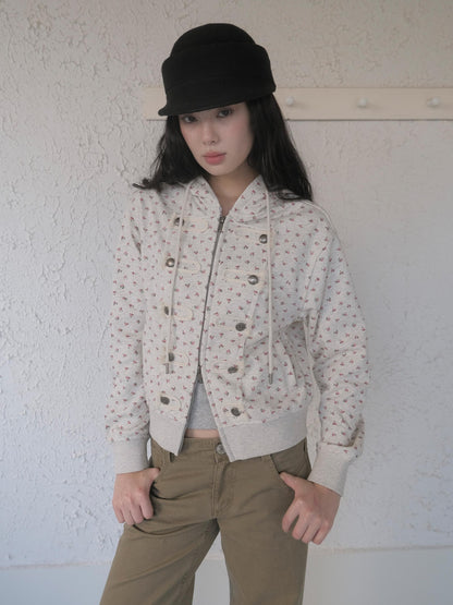 DKZ OFFICIAL Vintage Floral Print Hooded Zipper Women&